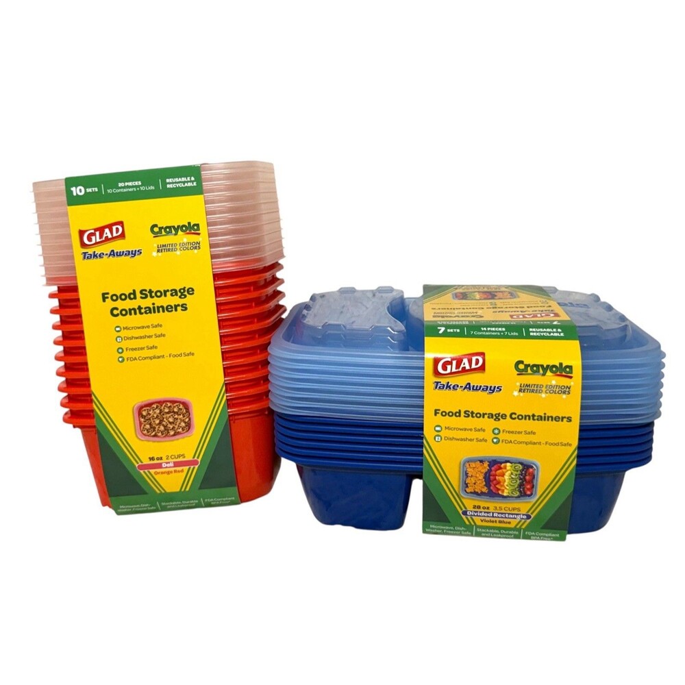 Glad Retired Crayola Red & Blue Deli 16oz Food Storage Containers w Lids 2 Packs